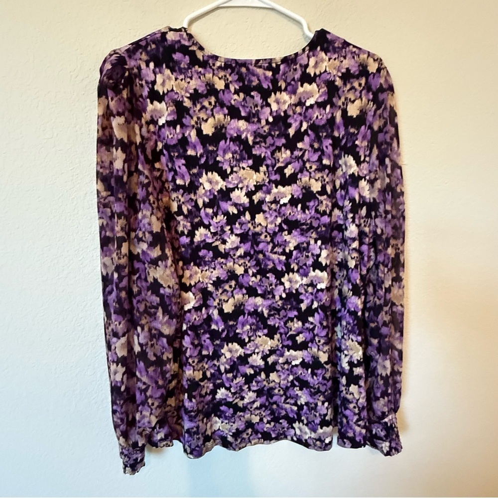 Chico’s Floral Sheer Blouse Size (3)XL Purple Black Organza Long Sleeve Top - Picture 7 of 12